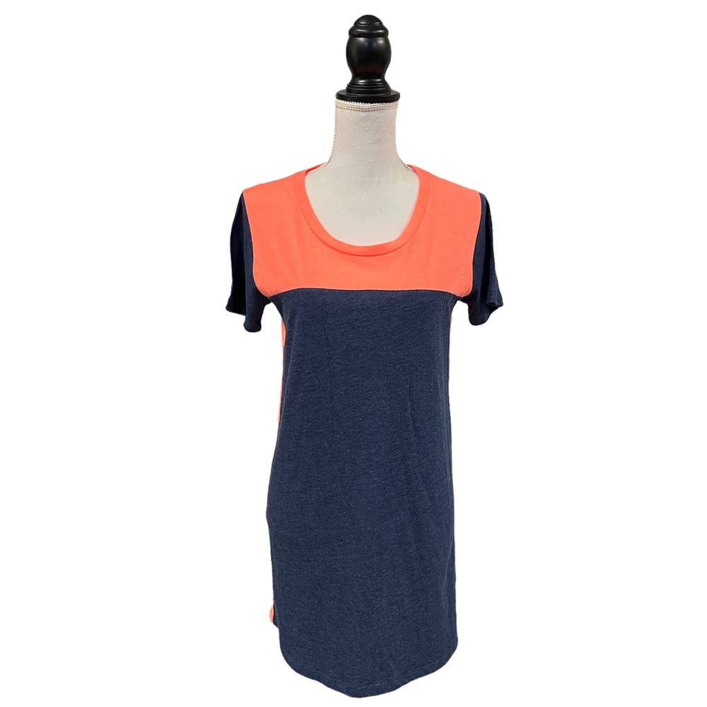 Zenana Color Block Tee Dress Blue Neon Orange S - Picture 3 of 6